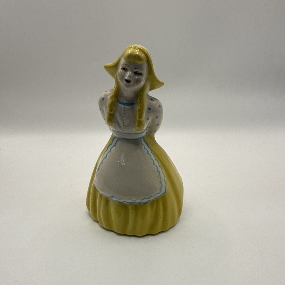 Vintage Dutch Girl Figurine Hand Painted Yellow Dress 5" Mid Century Ceramic